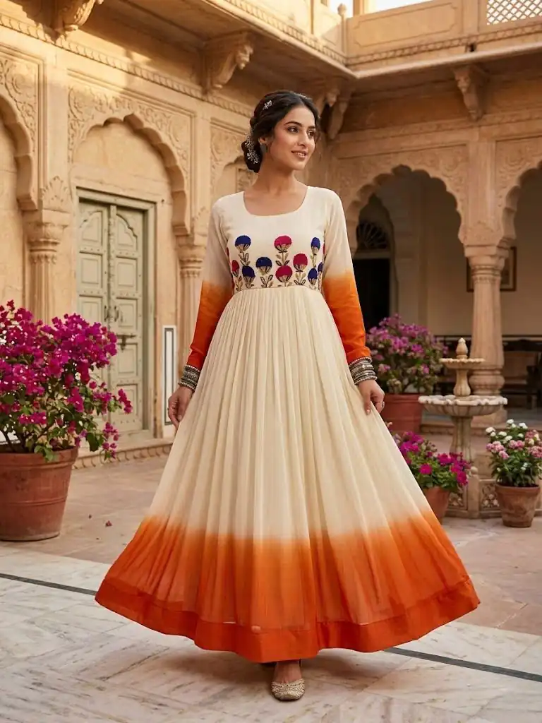KA 1263 Orange |Star Georgette Gown with Thread Embroidery & Embroidery Work. Special Price ₹1669. Delivery 4-6 Working Days. Shop now. | Gowns, Bollywood Gowns, Creative Gowns, Designer Gowns, Embroidered Gowns, Party Wear Gowns