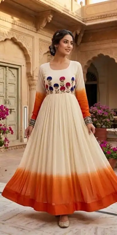 KA 1263 Orange |Star Georgette Gown with Thread Embroidery & Embroidery Work. Special Price ₹1669. Delivery 4-6 Working Days. Shop now. | Gowns, Bollywood Gowns, Creative Gowns, Designer Gowns, Embroidered Gowns, Party Wear Gowns