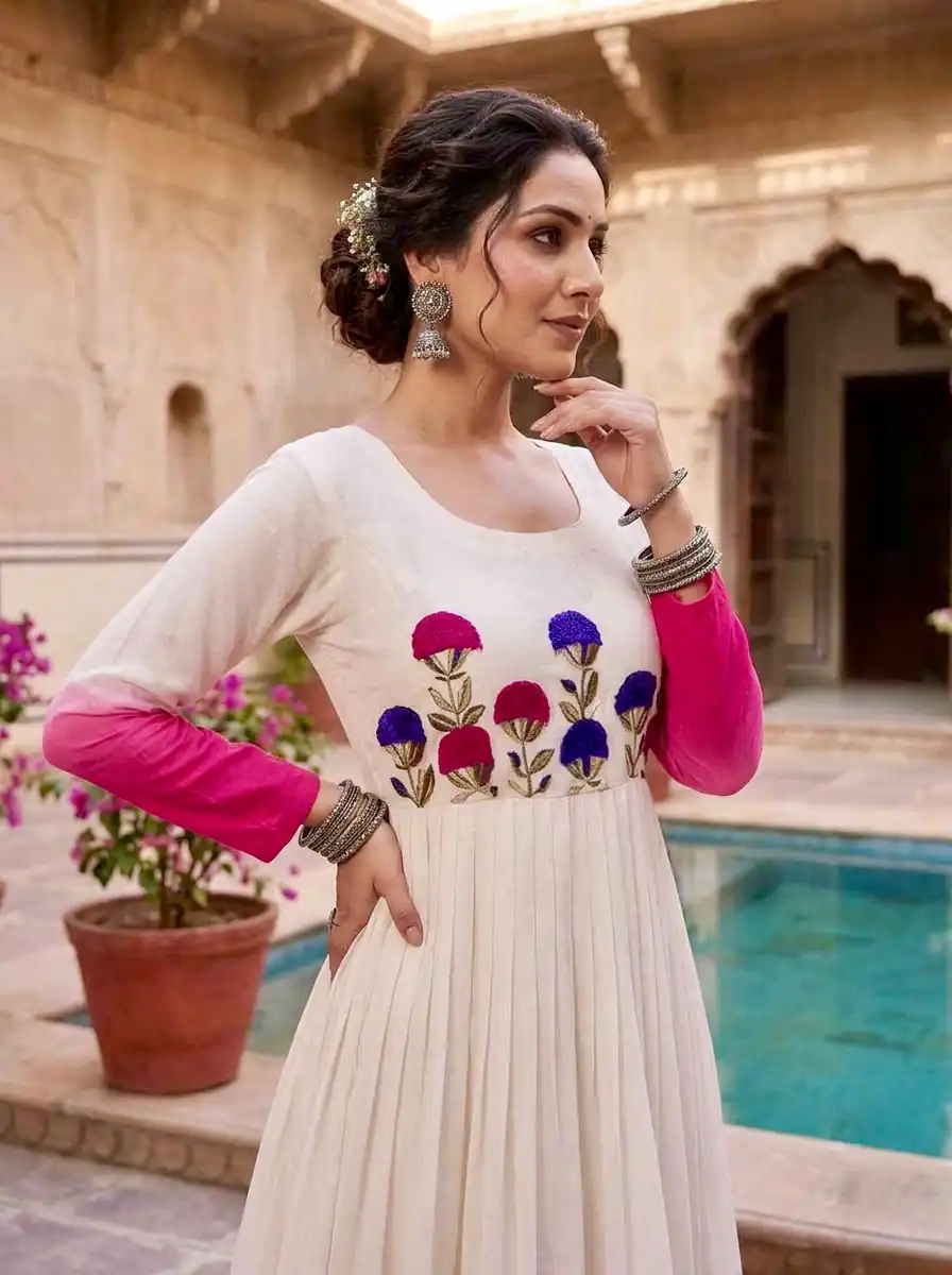 Pretty Pink Star Georgette Thread Embroidery Work Gown - Image 2