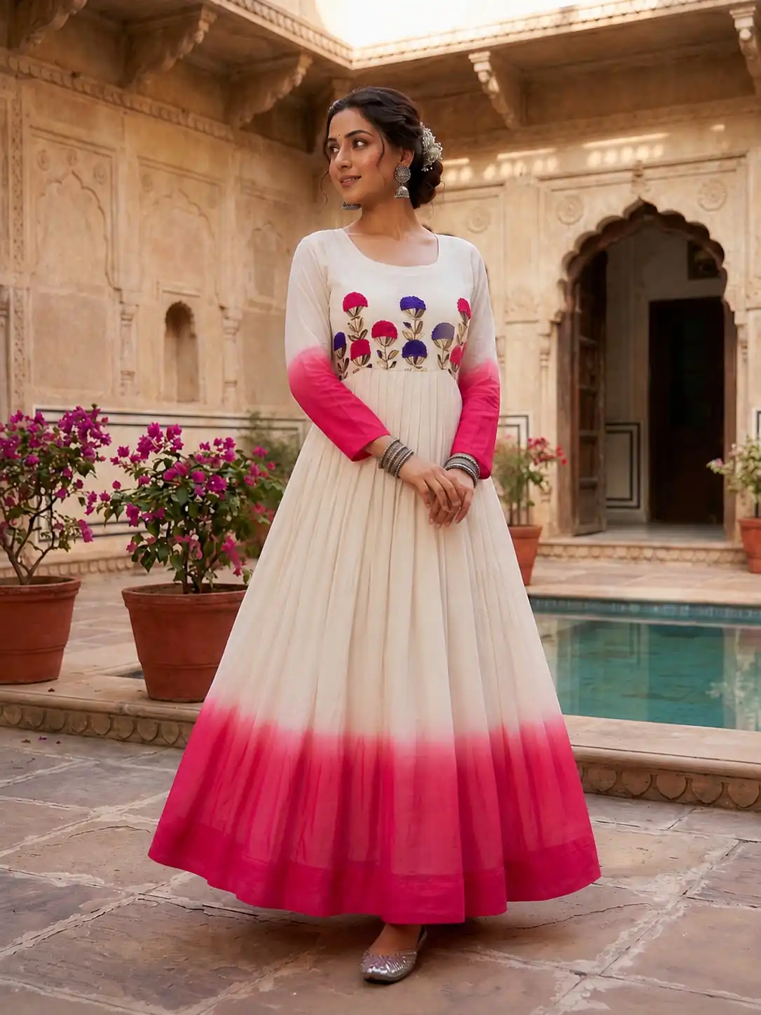 Pretty Pink Star Georgette Thread Embroidery Work Gown - Image 3