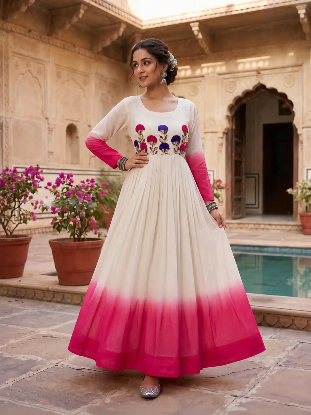 Pretty Pink Star Georgette Thread Embroidery Work Gown - Image 5