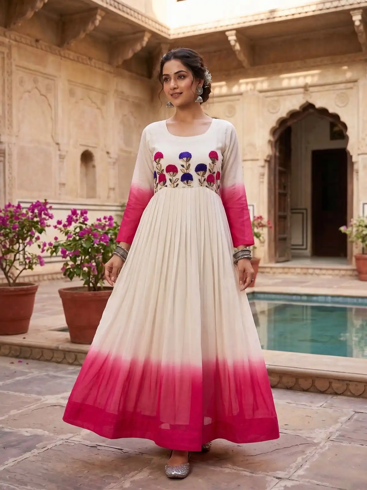 Pretty Pink Star Georgette Thread Embroidery Work Gown
