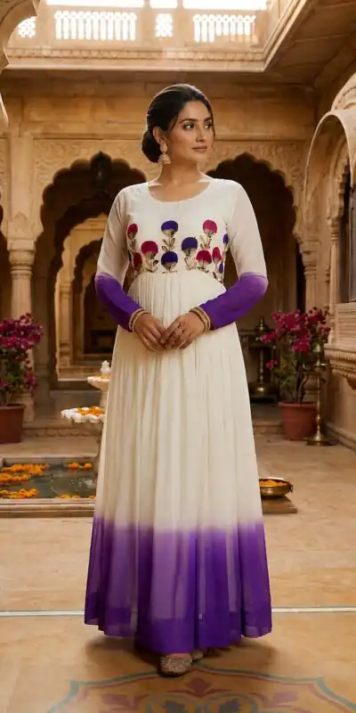 KA 1263 Purple |Star Georgette Gown with Thread Embroidery & Embroidery Work. Special Price ₹1669. Delivery 4-6 Working Days. Shop now. | Gowns, Bollywood Gowns, Creative Gowns, Designer Gowns, Embroidered Gowns, Party Wear Gowns