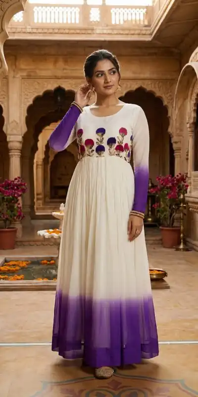 KA 1263 Purple |Star Georgette Gown with Thread Embroidery & Embroidery Work. Special Price ₹1669. Delivery 4-6 Working Days. Shop now. | Gowns, Bollywood Gowns, Creative Gowns, Designer Gowns, Embroidered Gowns, Party Wear Gowns