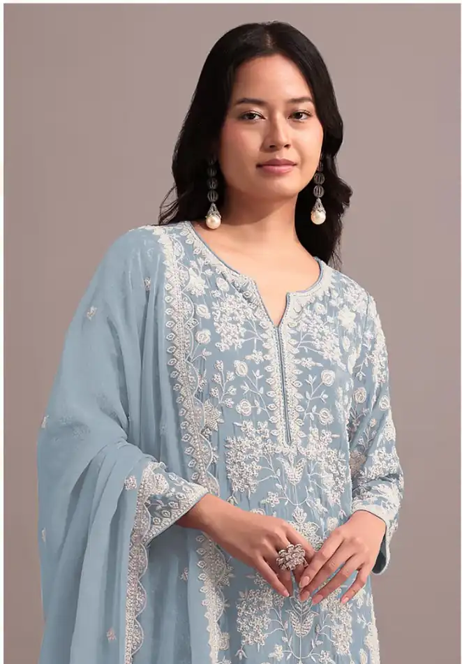 Shiny Blue Georgette Embroidery Lace Work Salwar Suit