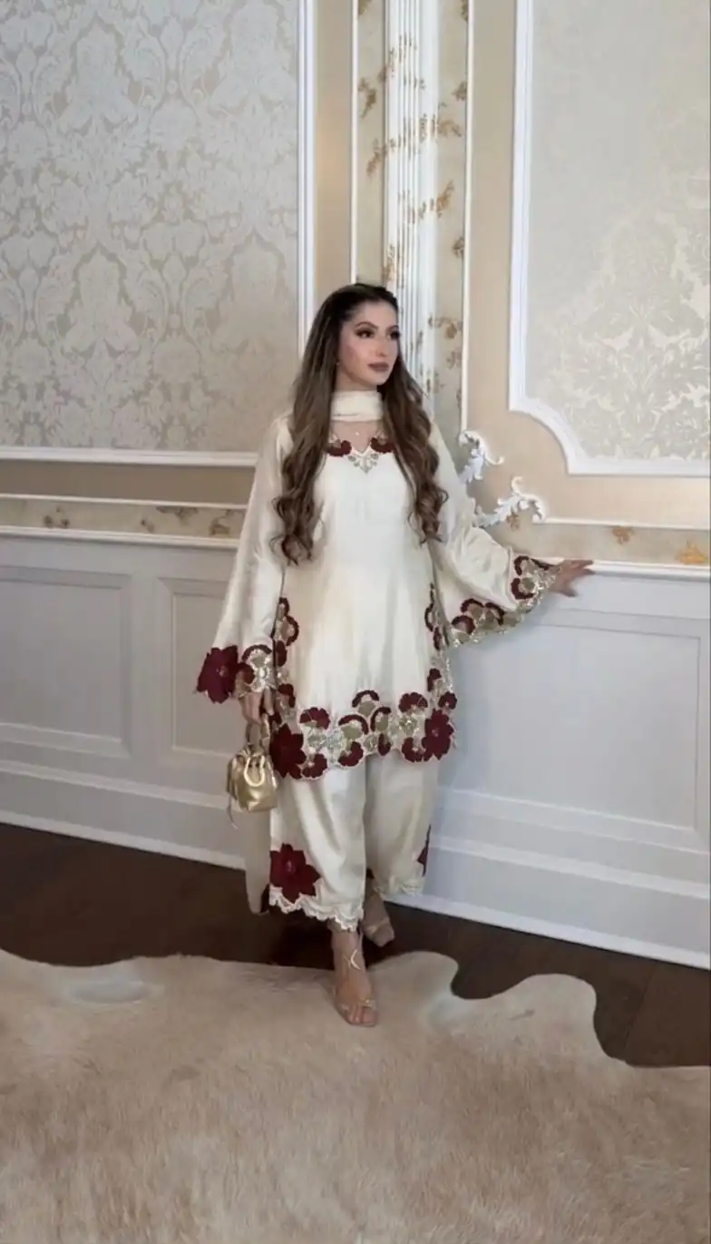ZSR 3171 Cream Color Roman Silk Salwar Suit with Embroidery Work. Available at ₹2449 only. Delivery 4-6 Working Days. Shop now. | Jump Suits, Salwar suit, Casual Suits, Creative suits, Designer Suits, Palazzo Suits, Party Wear Suits, Patiala Suits, Straight Suits