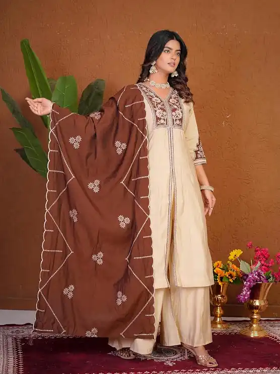 DIVA 152 Cream Color Roman Silk Salwar Suit with Embroidery Work. Available at ₹2399 only. Delivery 4-6 Working Days. Shop now. | Jump Suits, Salwar suit, Casual Suits, Creative suits, Designer Suits, Palazzo Suits, Party Wear Suits, Patiala Suits, Straight Suits