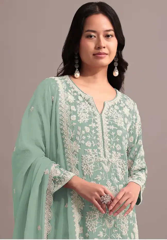 Shiny Pista Georgette Embroidery Lace Work Salwar Suit - Image 2