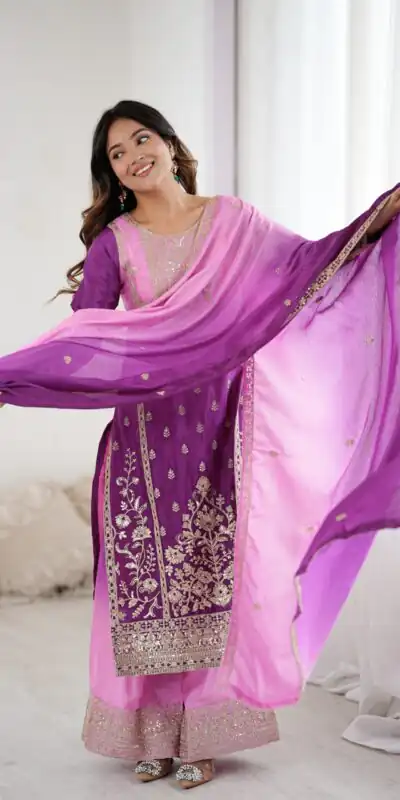 KD 1621 Purple Shaded Chinon silk Salwar Suit with Thread Embroidery. Festive Deal ₹2399. Delivery 4-6 Working Days. Shop now. | Jump Suits, Salwar suit, Casual Suits, Creative suits, Designer Suits, Palazzo Suits, Party Wear Suits, Patiala Suits, Straight Suits