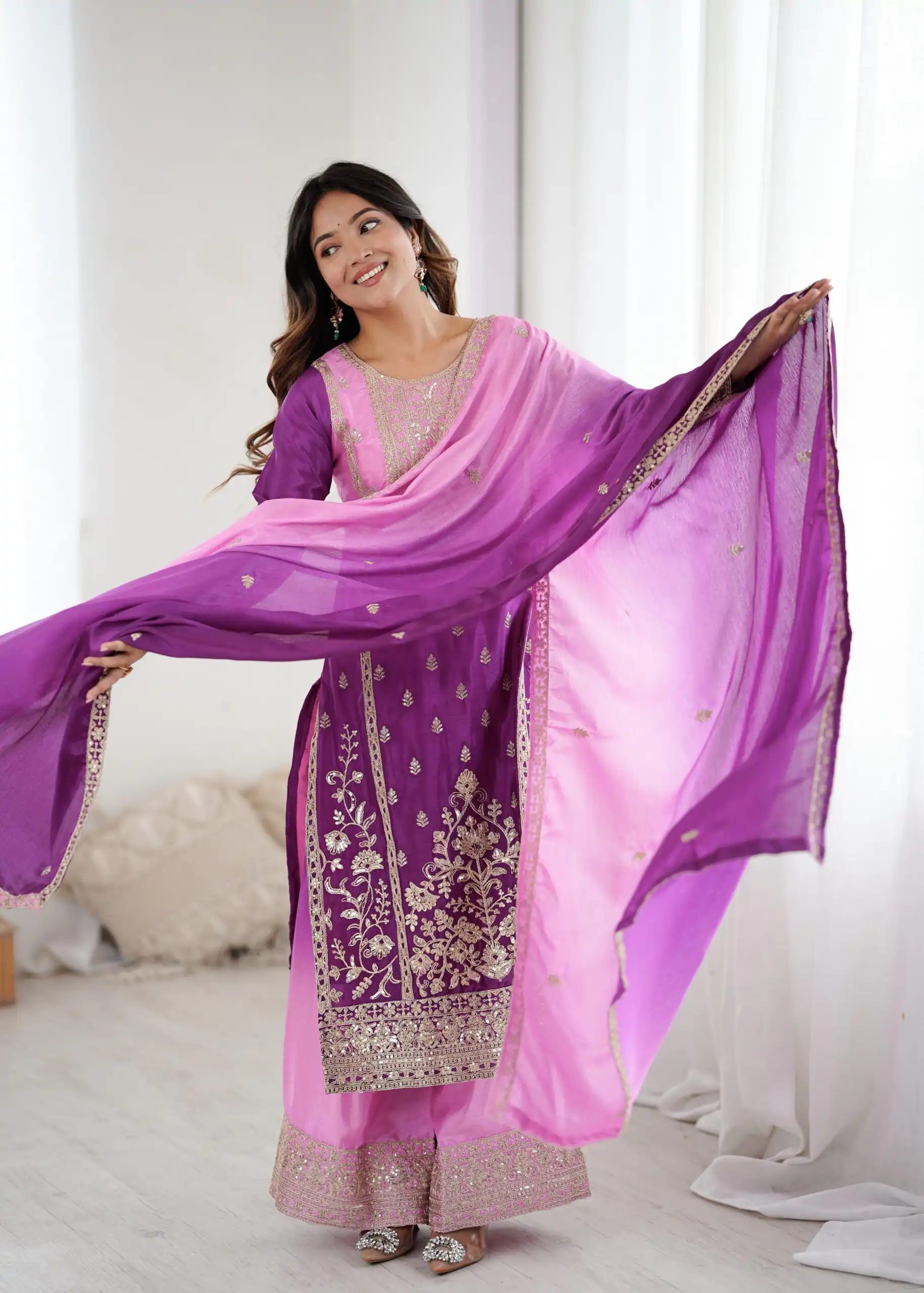 KD 1621 Purple Shaded Chinon silk Salwar Suit with Thread Embroidery. Festive Deal ₹2399. Delivery 4-6 Working Days. Shop now. | Jump Suits, Salwar suit, Casual Suits, Creative suits, Designer Suits, Palazzo Suits, Party Wear Suits, Patiala Suits, Straight Suits