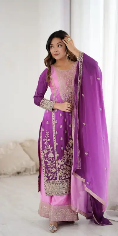 KD 1621 Purple Shaded Chinon silk Salwar Suit with Thread Embroidery. Festive Deal ₹2399. Delivery 4-6 Working Days. Shop now. | Jump Suits, Salwar suit, Casual Suits, Creative suits, Designer Suits, Palazzo Suits, Party Wear Suits, Patiala Suits, Straight Suits