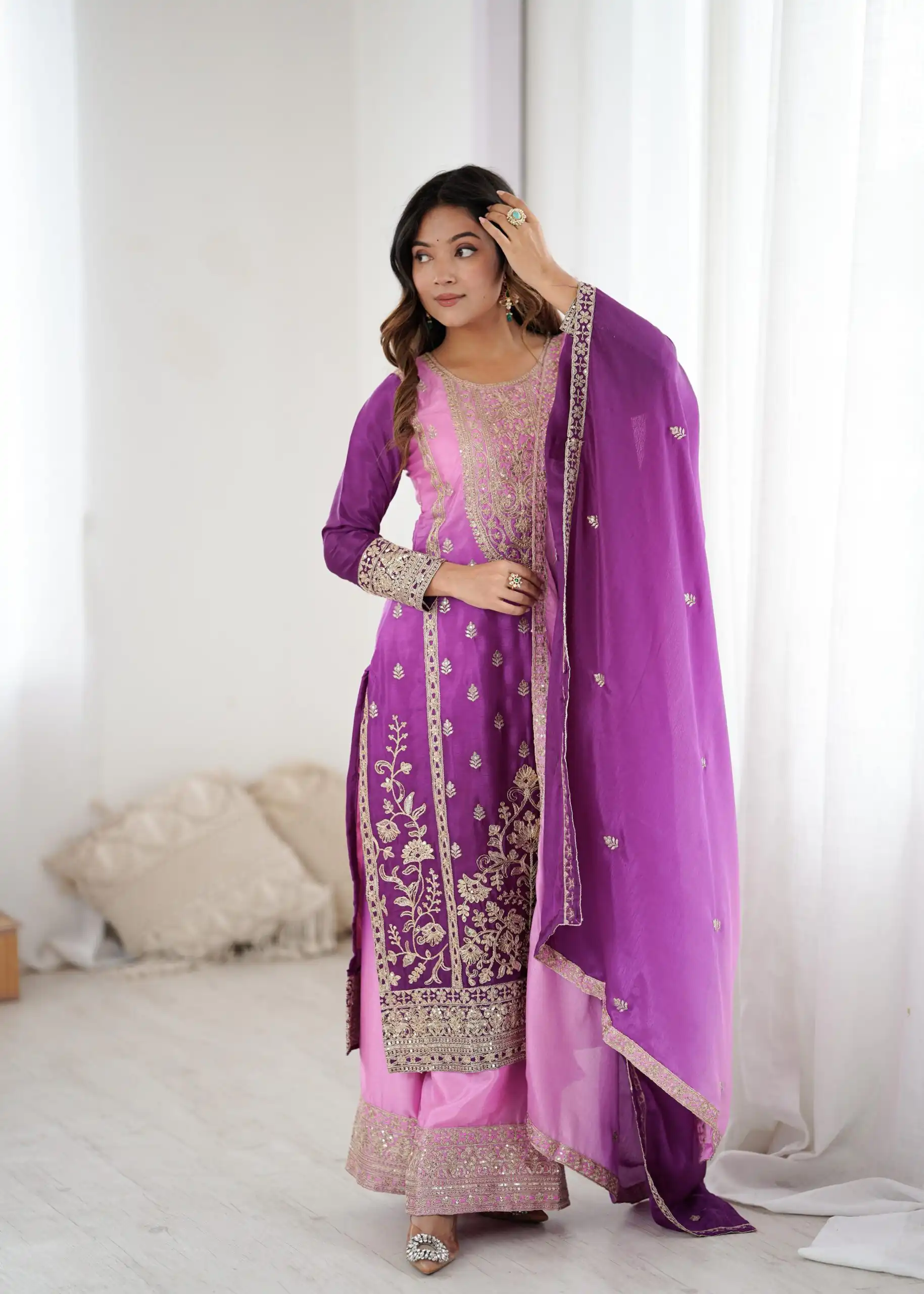 KD 1621 Purple Shaded Chinon silk Salwar Suit with Thread Embroidery. Festive Deal ₹2399. Delivery 4-6 Working Days. Shop now. | Jump Suits, Salwar suit, Casual Suits, Creative suits, Designer Suits, Palazzo Suits, Party Wear Suits, Patiala Suits, Straight Suits