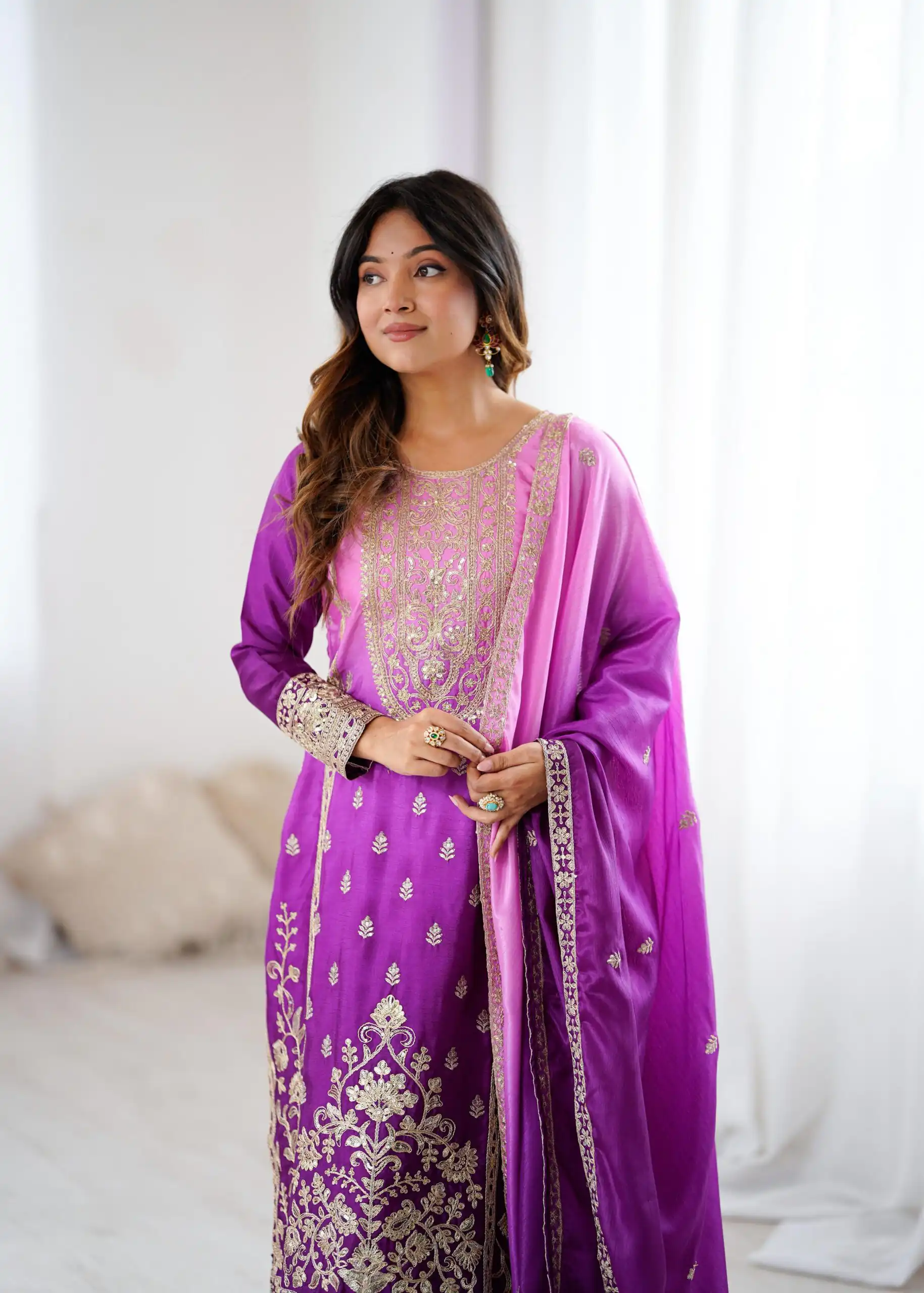 KD 1621 Purple Shaded Chinon silk Salwar Suit with Thread Embroidery. Festive Deal ₹2399. Delivery 4-6 Working Days. Shop now. | Jump Suits, Salwar suit, Casual Suits, Creative suits, Designer Suits, Palazzo Suits, Party Wear Suits, Patiala Suits, Straight Suits