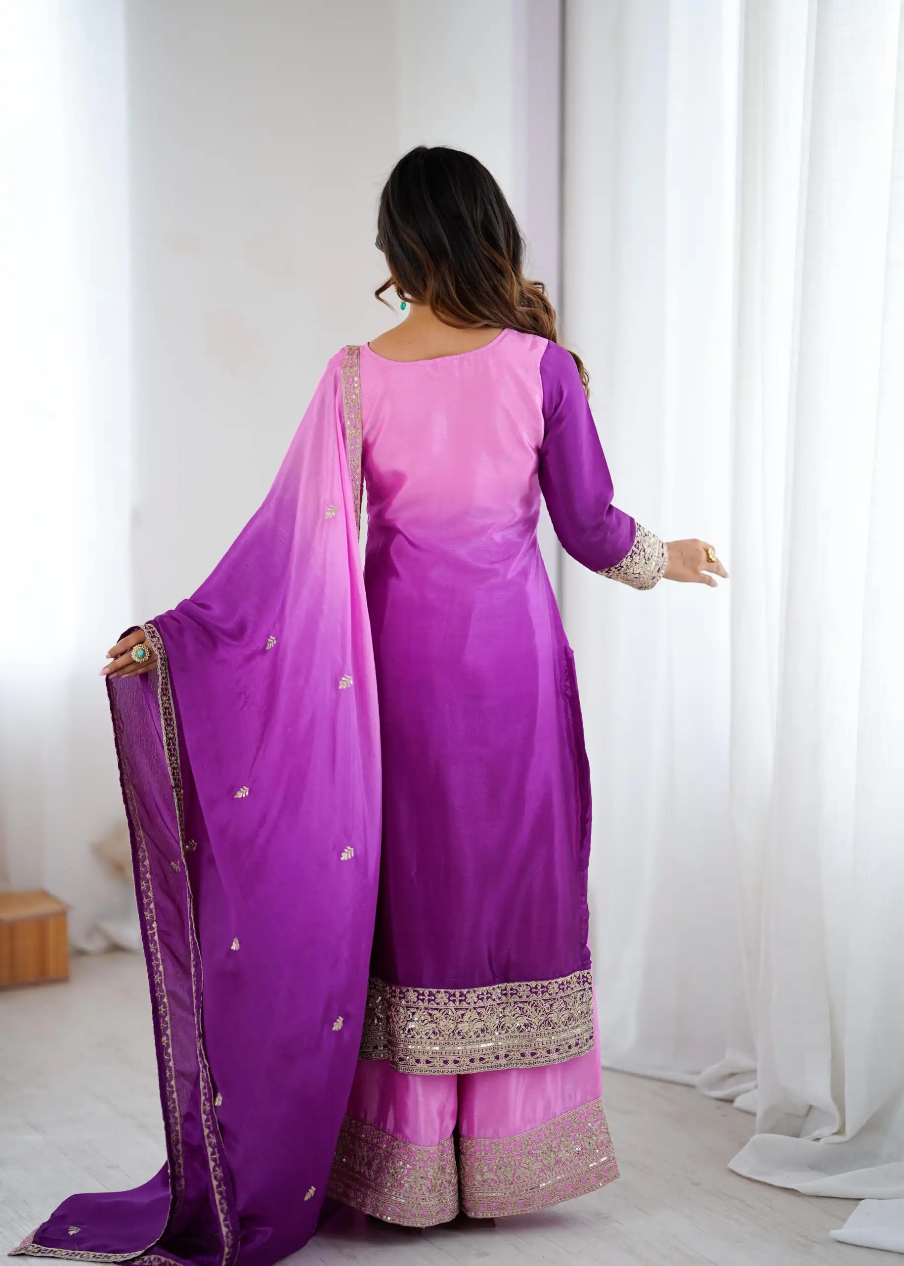 KD 1621 Purple Shaded Chinon silk Salwar Suit with Thread Embroidery. Festive Deal ₹2399. Delivery 4-6 Working Days. Shop now. | Jump Suits, Salwar suit, Casual Suits, Creative suits, Designer Suits, Palazzo Suits, Party Wear Suits, Patiala Suits, Straight Suits
