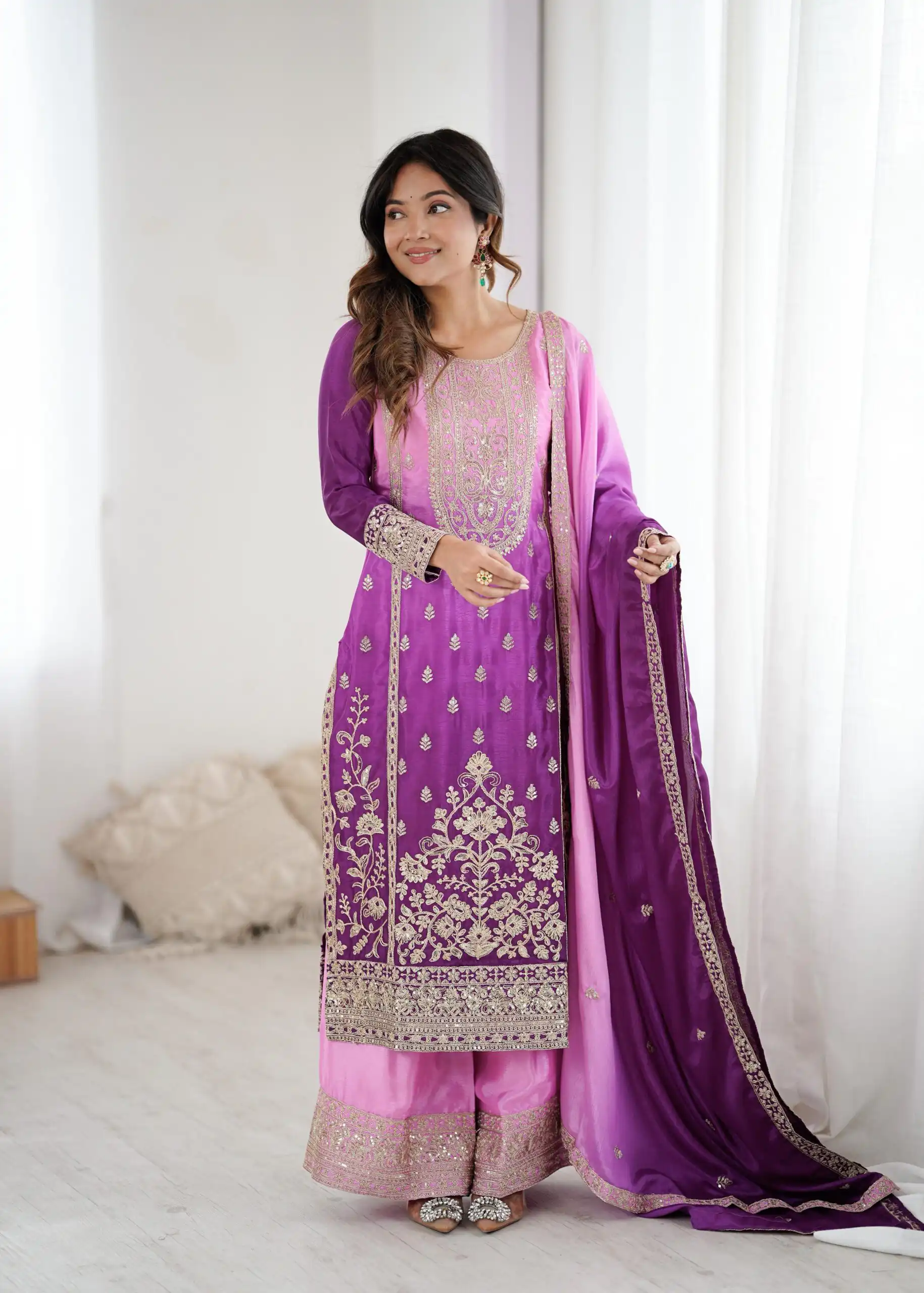KD 1621 Purple Shaded Chinon silk Salwar Suit with Thread Embroidery. Festive Deal ₹2399. Delivery 4-6 Working Days. Shop now. | Jump Suits, Salwar suit, Casual Suits, Creative suits, Designer Suits, Palazzo Suits, Party Wear Suits, Patiala Suits, Straight Suits