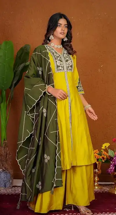 DIVA 152 Yellow Color Roman Silk Salwar Suit with Embroidery Work. Available at ₹2399 only. Delivery 4-6 Working Days. Shop now. | Jump Suits, Salwar suit, Casual Suits, Creative suits, Designer Suits, Palazzo Suits, Party Wear Suits, Patiala Suits, Straight Suits