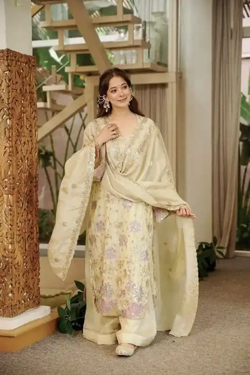 Stunning Cream Vichitra Silk Thread Work Salwar Suit - Image 2