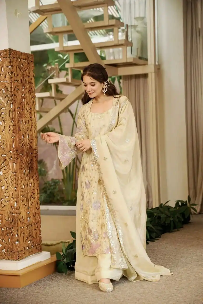 Stunning Cream Vichitra Silk Thread Work Salwar Suit - Image 3