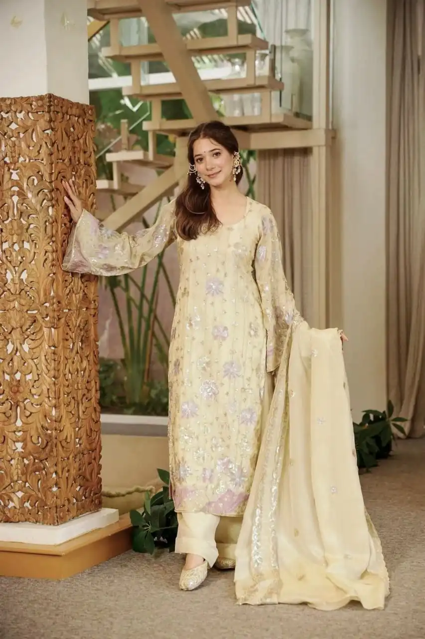 Stunning Cream Vichitra Silk Thread Work Salwar Suit