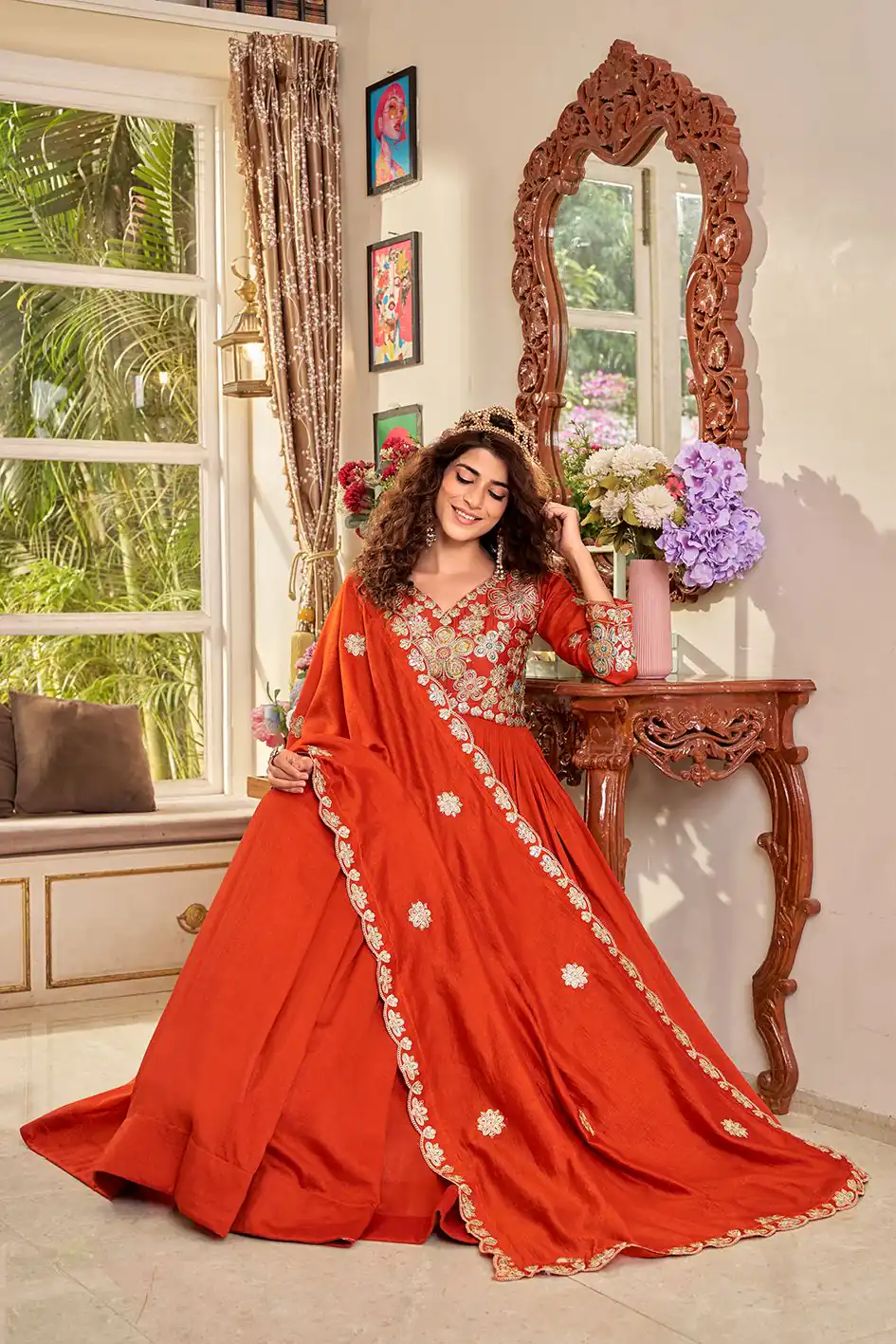 Ram 176 Orange Vichitra Silk Gown Perfect for Wedding, Party, Holi, Anniversary, Mehendi –. Grab it for ₹2049. Delivery 4-6 Working Days. Shop now. | Gowns, Bollywood Gowns, Creative Gowns, Designer Gowns, Embroidered Gowns, Party Wear Gowns