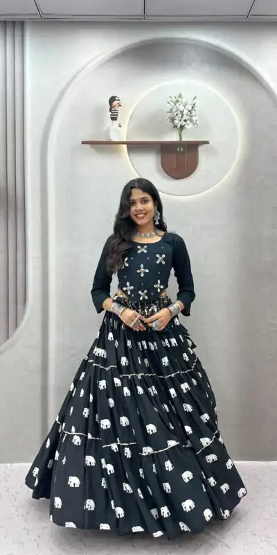 Ram 181 Black Color Pure Cotton Lehenga Choli with Cowrie Work. Festive Deal ₹2649. Delivery 4-6 Working Days. Online Shop now. | Lehenga, Bollywood Lehenga, Creative Lehenga, Designer Lehenga, Embroidered Lehenga, Party Wear Lehenga