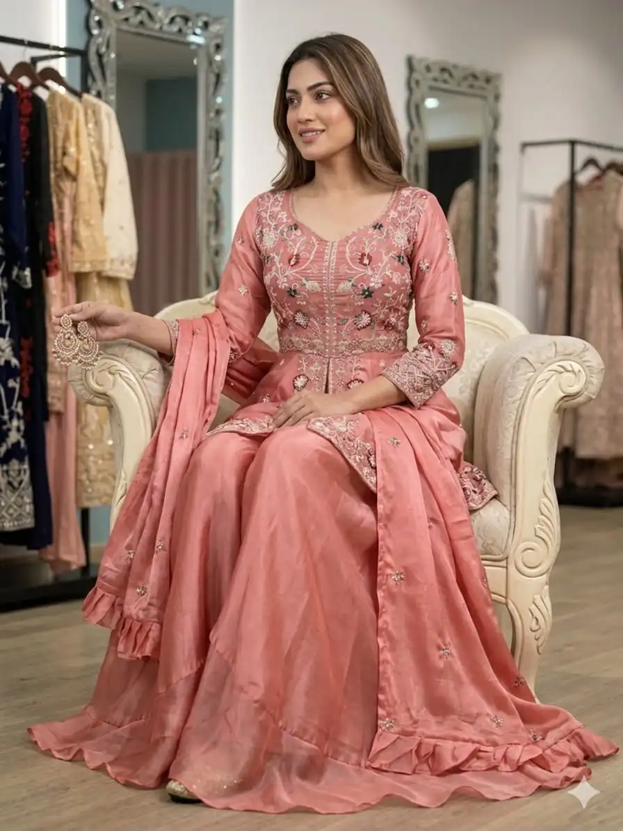 Super Peach Rangoli Silk Embroidery Work Salwar Suit - Image 4