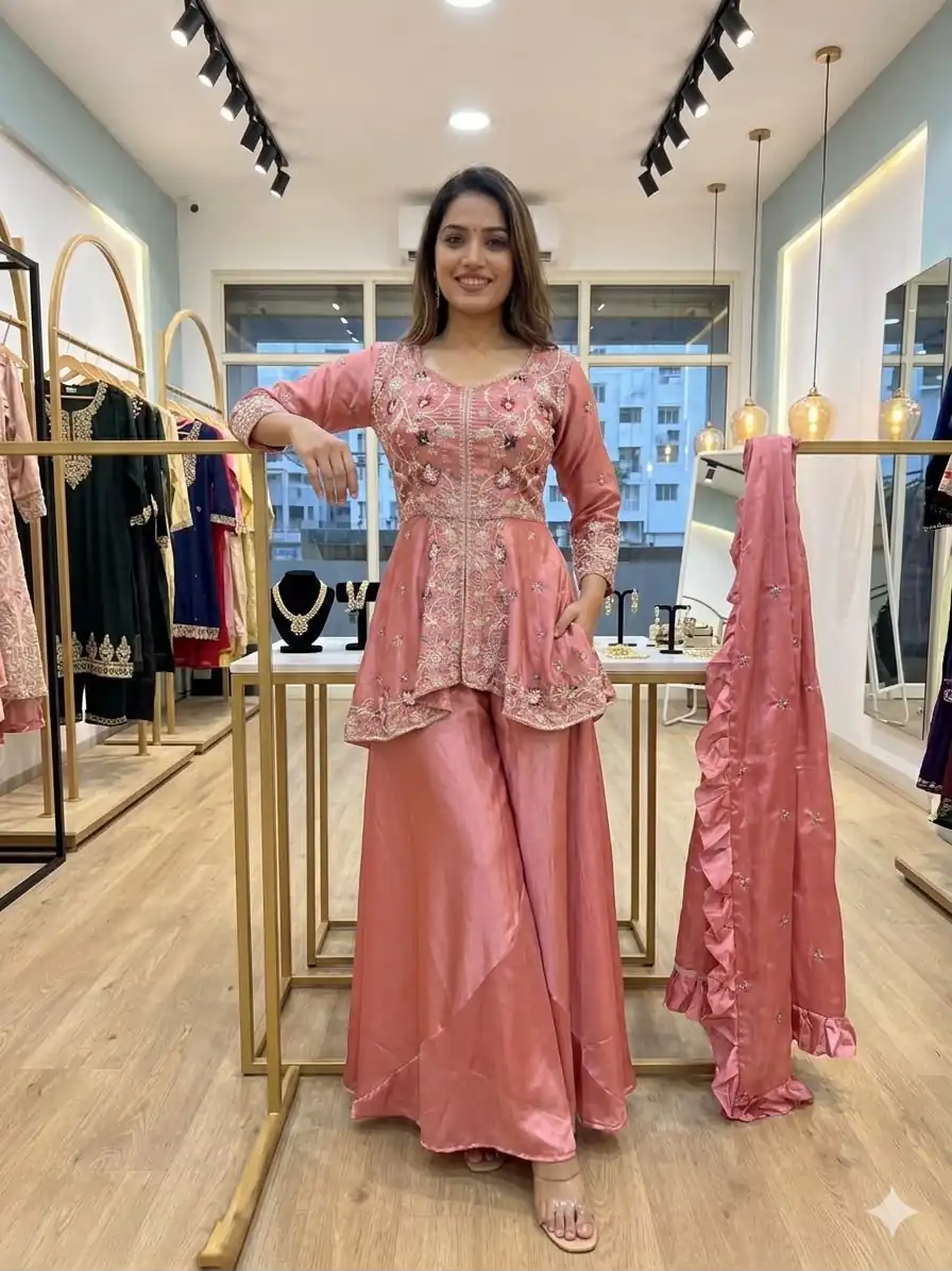 Super Peach Rangoli Silk Embroidery Work Salwar Suit