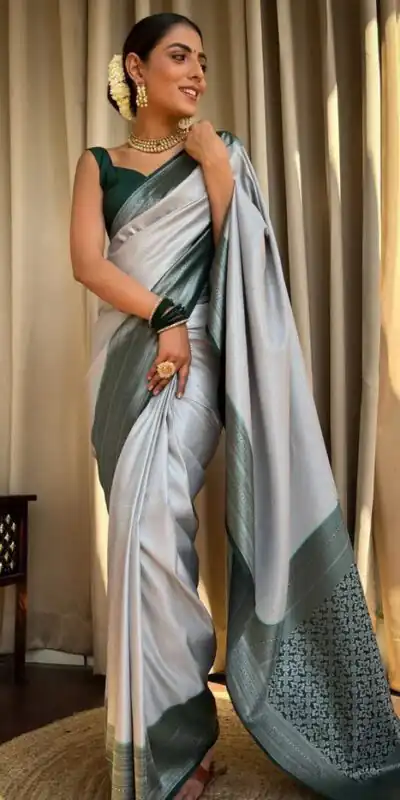 KPR 230 Silver Soft Lichi Silk Saree Perfect for Wedding, Party, Reception, Diwali, Ethnic Day – . Affordable Price ₹1449. Delivery 4-6 Working Days. | Sarees, Bollywood Sarees, Creative Sarees, Designer Sarees, Embroidered Sarees, Ethnic Saree, Modern Digital sarees, Party Wear Sarees