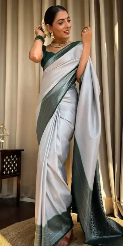 KPR 230 Silver Soft Lichi Silk Saree Perfect for Wedding, Party, Reception, Diwali, Ethnic Day – . Affordable Price ₹1449. Delivery 4-6 Working Days. | Sarees, Bollywood Sarees, Creative Sarees, Designer Sarees, Embroidered Sarees, Ethnic Saree, Modern Digital sarees, Party Wear Sarees