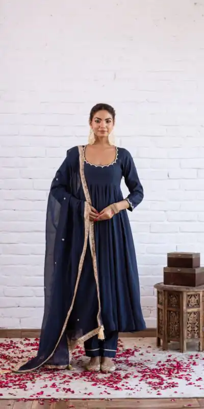 SRK 5324 Navy Blue Color Vichitra silk Gown with Bead Work & Lace Work. Now at just ₹1749. Delivery 4-6 Working Days. Shop now. | Gowns, Bollywood Gowns, Creative Gowns, Designer Gowns, Embroidered Gowns, Party Wear Gowns