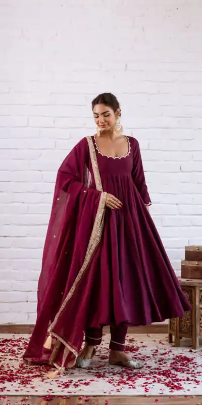 SRK 5324 Wine Color Vichitra silk Gown with Bead Work & Lace Work. Now at just ₹1749. Delivery 4-6 Working Days. Shop now. | Gowns, Bollywood Gowns, Creative Gowns, Designer Gowns, Embroidered Gowns, Party Wear Gowns