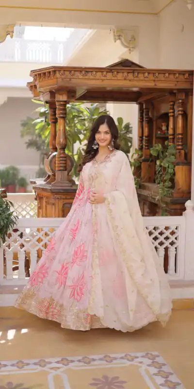 KA 1243 CreamColor Russian Silk Gown with Zari Work & Embroidery Work. Now at just ₹2499. Delivery 4-6 Working Days. Shop now. | Gowns, Bollywood Gowns, Creative Gowns, Designer Gowns, Embroidered Gowns, Party Wear Gowns