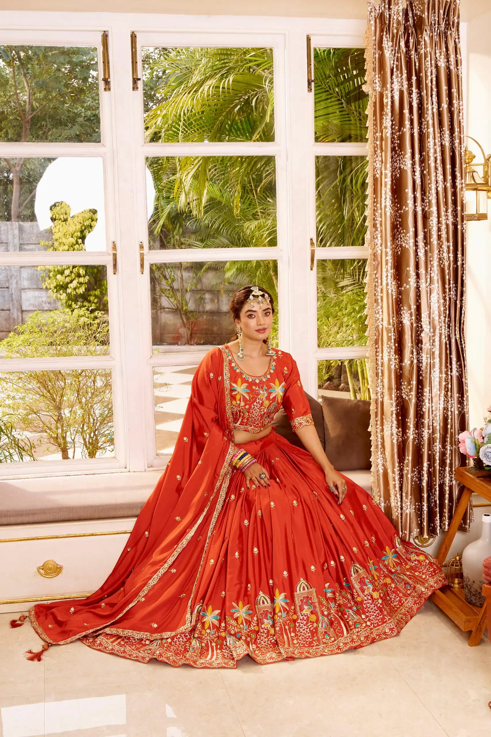 Trendy Orange Crap Silk Embroidery Work Lehenga Choli - Image 2