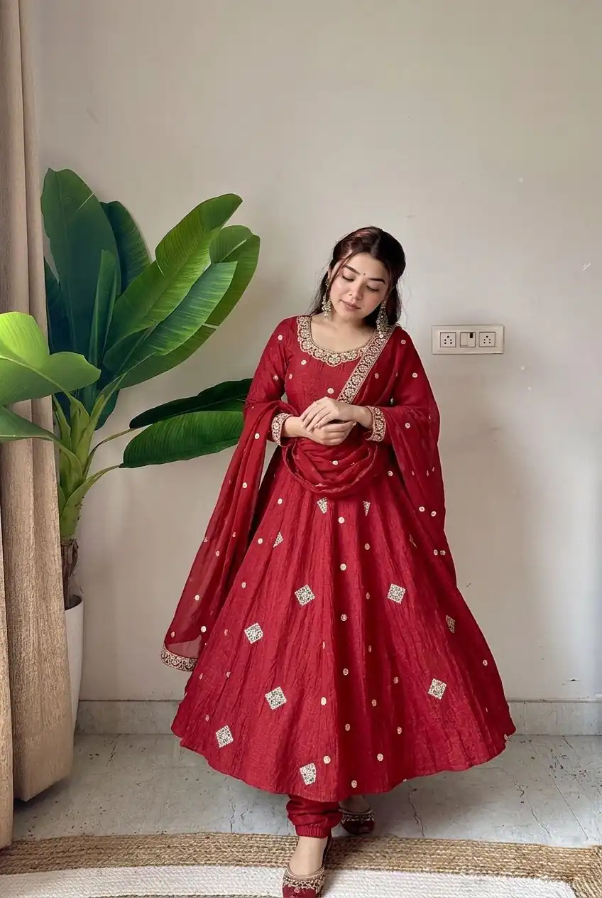 SRK 5351 Red Crunchy Silk Gown Perfect for Wedding, Party, Haldi, Anniversary, Holi – . Affordable Price ₹2149. Delivery 4-6 Working Days. Shop now. | Gowns, Bollywood Gowns, Creative Gowns, Designer Gowns, Embroidered Gowns, Party Wear Gowns