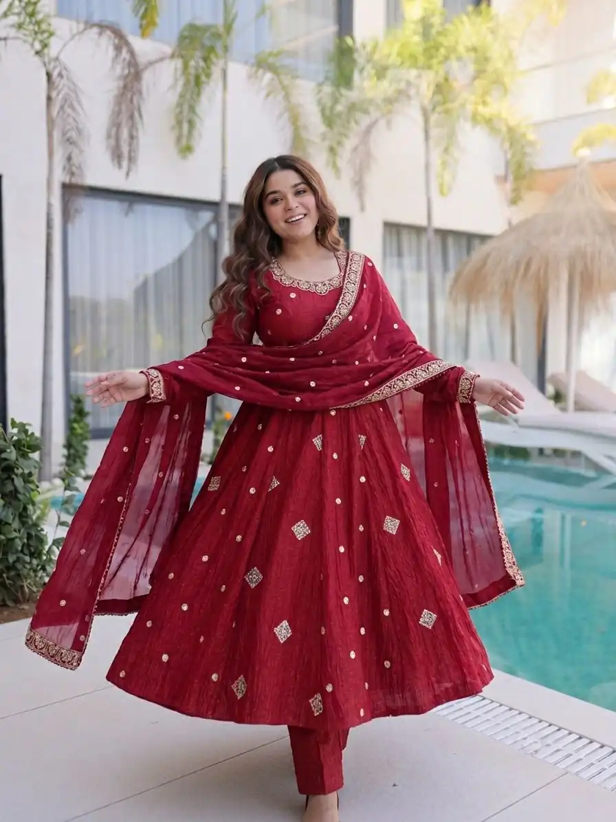 SRK 5351 Red Crunchy Silk Gown Perfect for Wedding, Party, Haldi, Anniversary, Holi – . Affordable Price ₹2149. Delivery 4-6 Working Days. Shop now. | Gowns, Bollywood Gowns, Creative Gowns, Designer Gowns, Embroidered Gowns, Party Wear Gowns