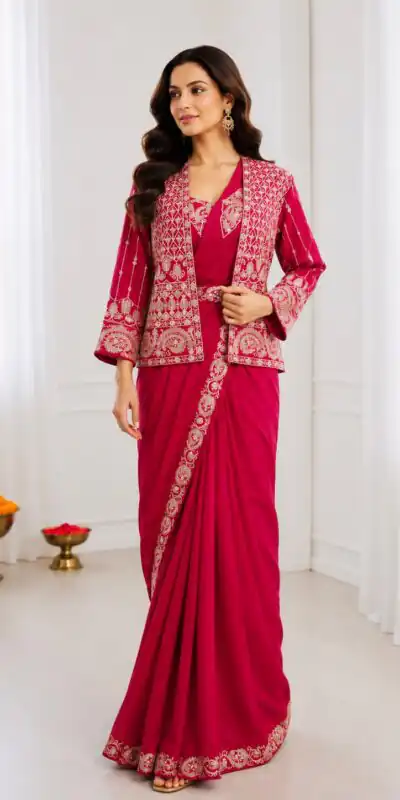 Alternative view of Aglow Pink Crep Silk Embroidery Work Saree