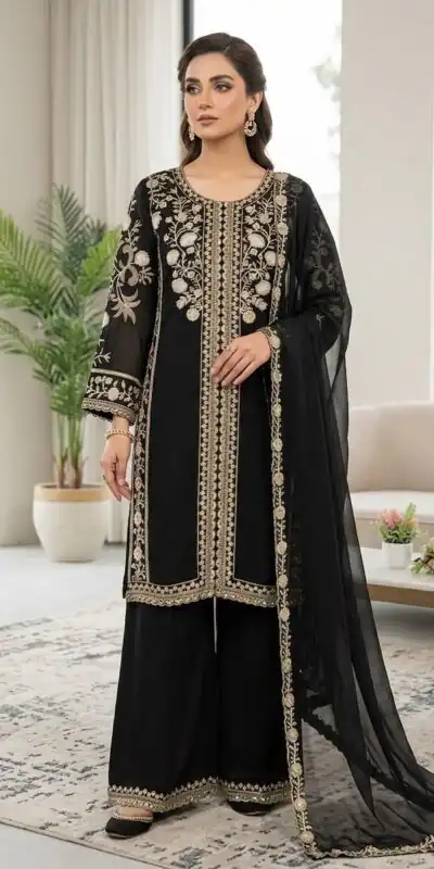 Cool Black Roman Sequins Embroidery Work Salwar Suit