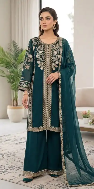 Cool Teal Roman Sequins Embroidery Work Salwar Suit