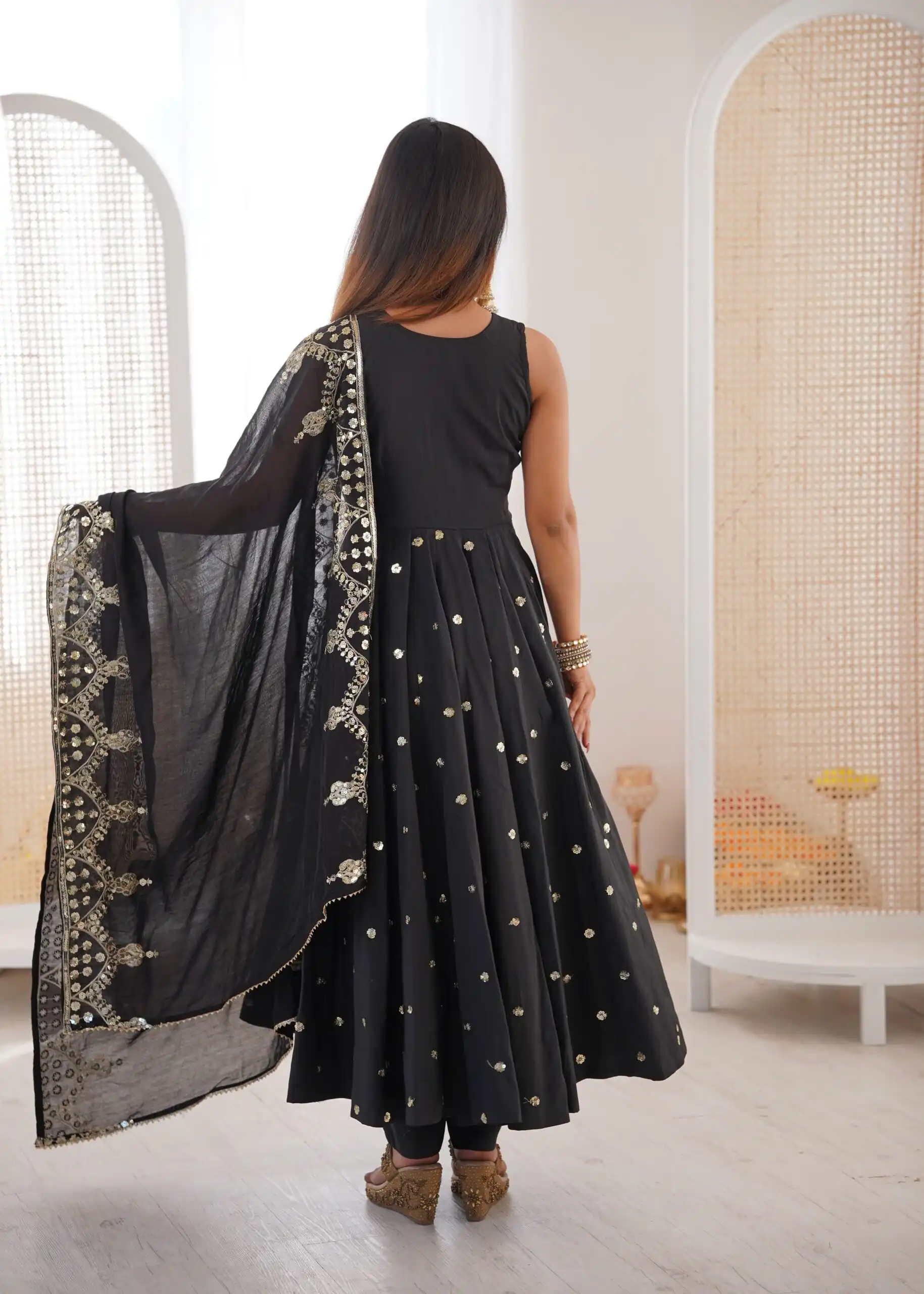 Elegant Black Roman Silk Embroidery Work Gown - Image 3
