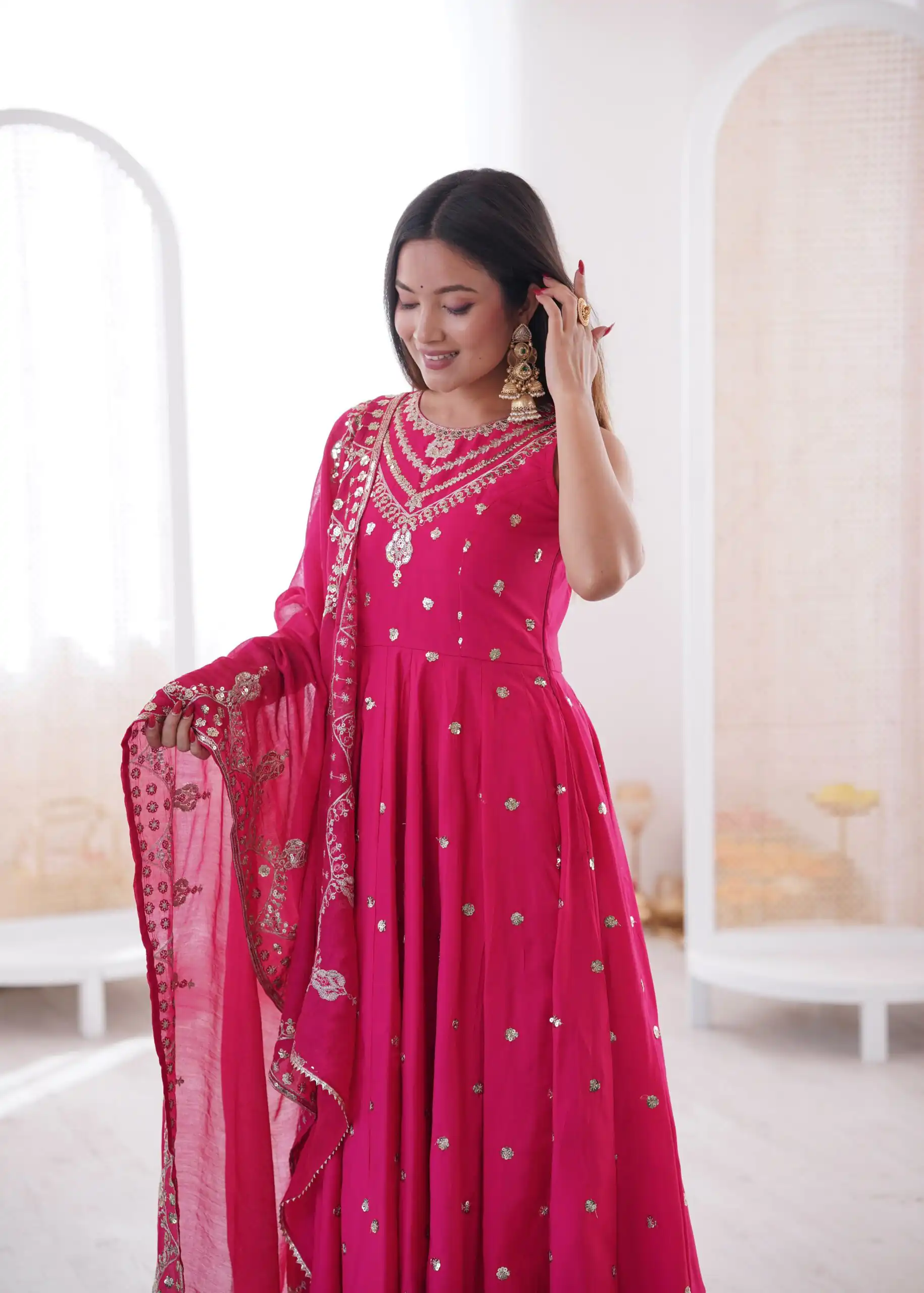 Elegant Rani Pink Roman Silk Embroidery Work Gown - Image 7