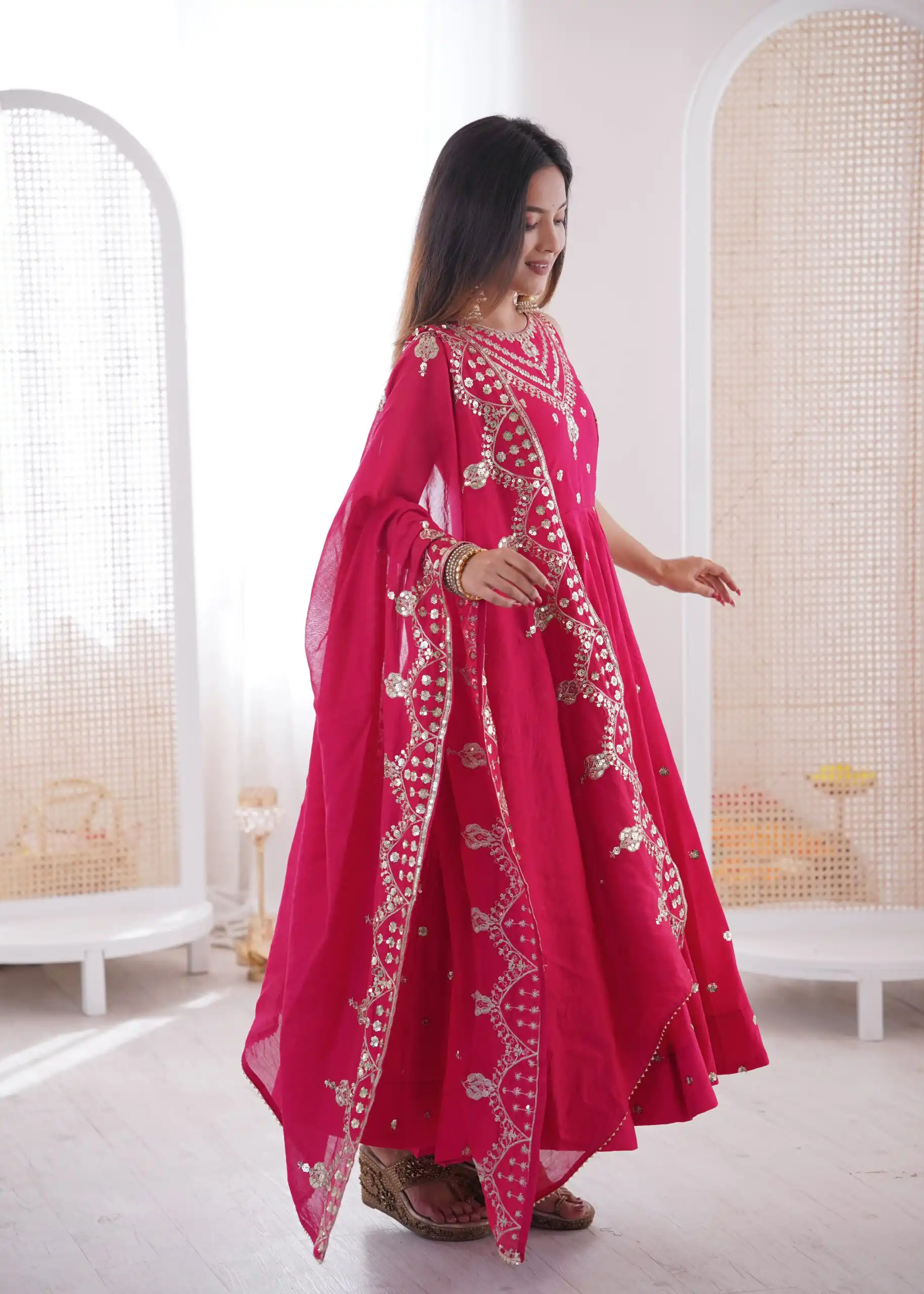 Elegant Rani Pink Roman Silk Embroidery Work Gown - Image 5