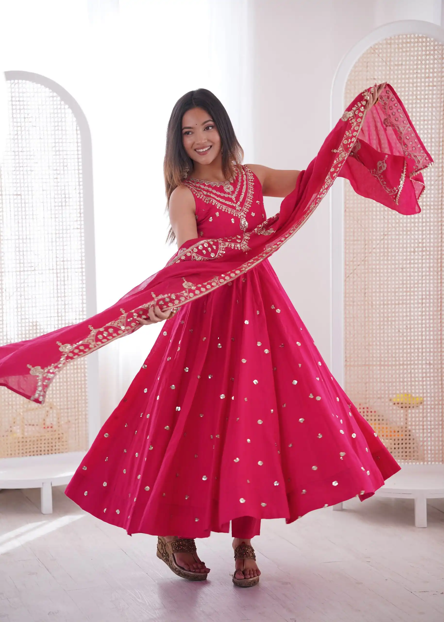 Elegant Rani Pink Roman Silk Embroidery Work Gown - Image 4