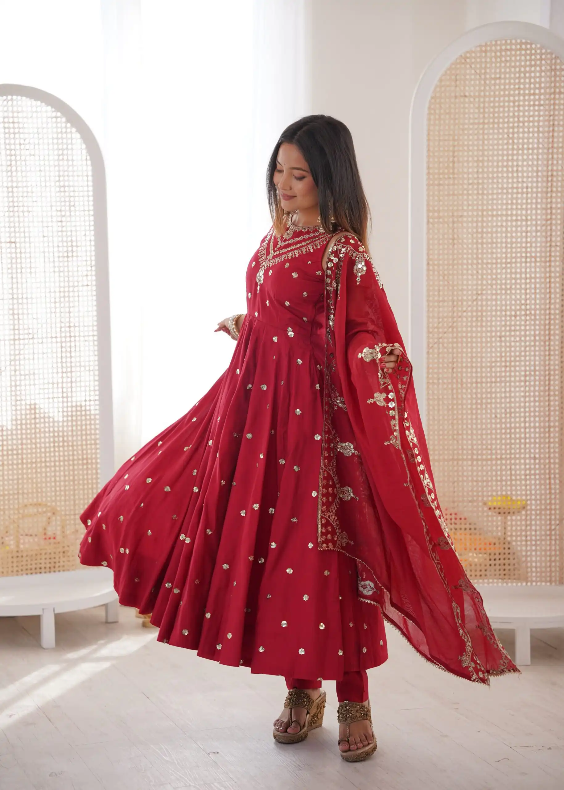 Elegant Red Roman Silk Embroidery Work Gown - Image 7