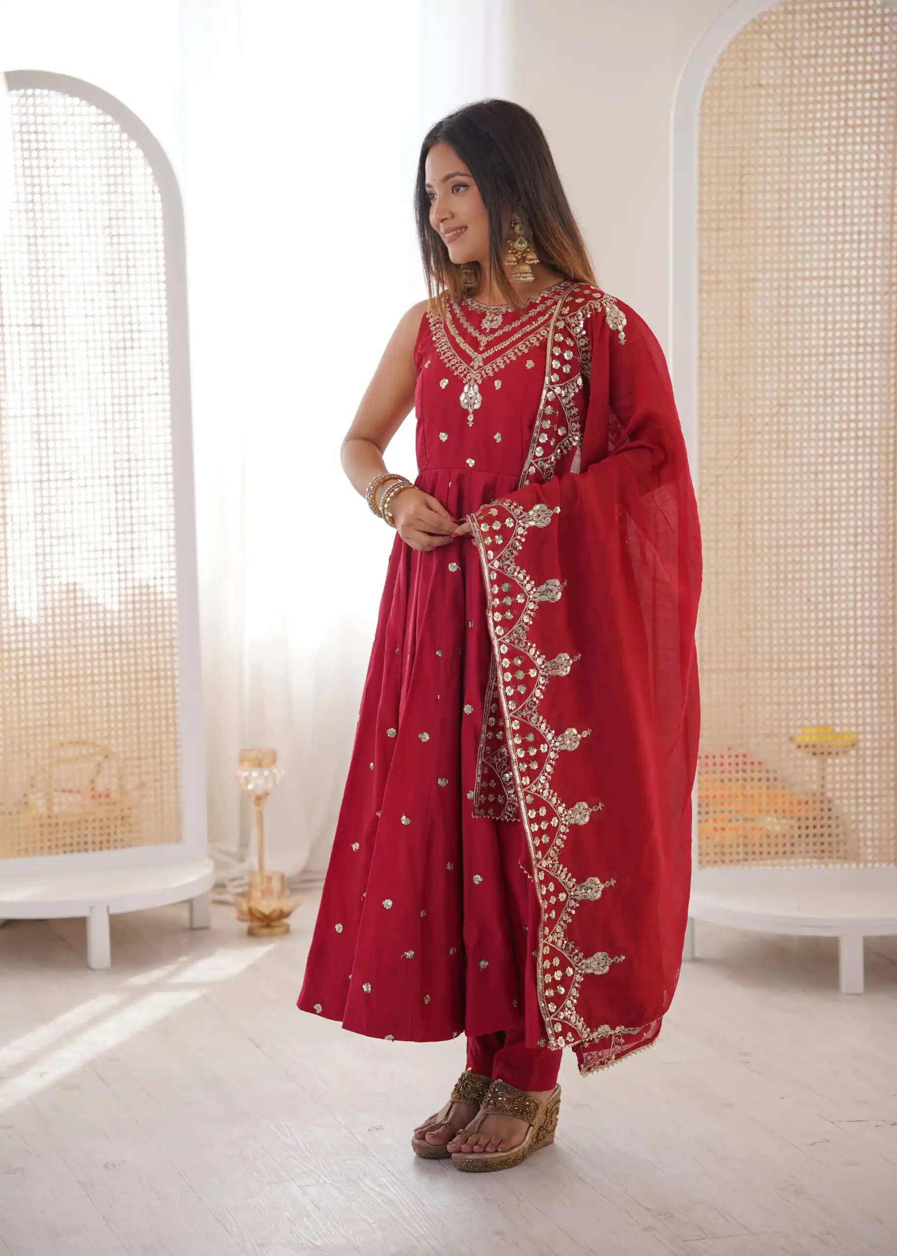 Elegant Red Roman Silk Embroidery Work Gown - Image 6
