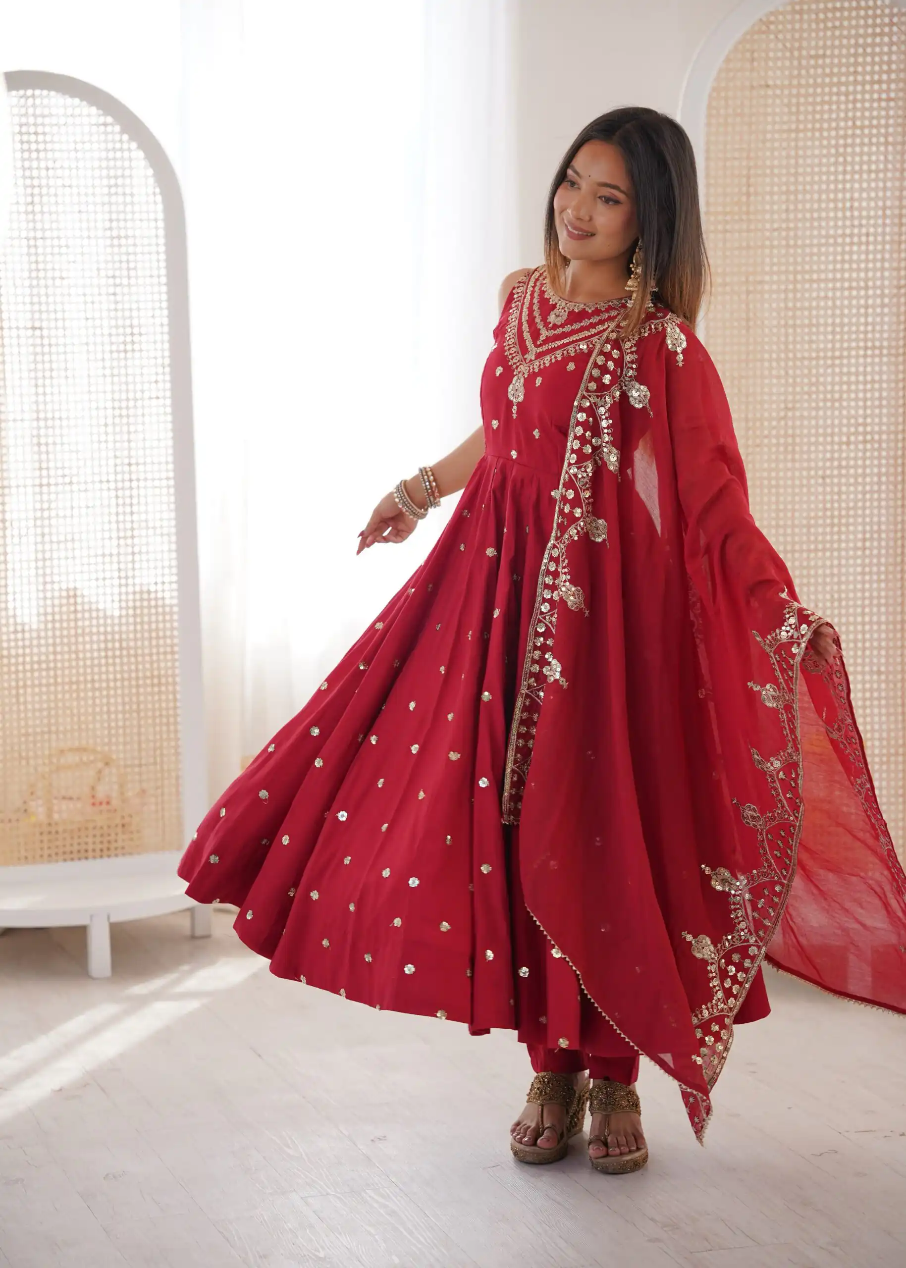 Elegant Red Roman Silk Embroidery Work Gown - Image 5