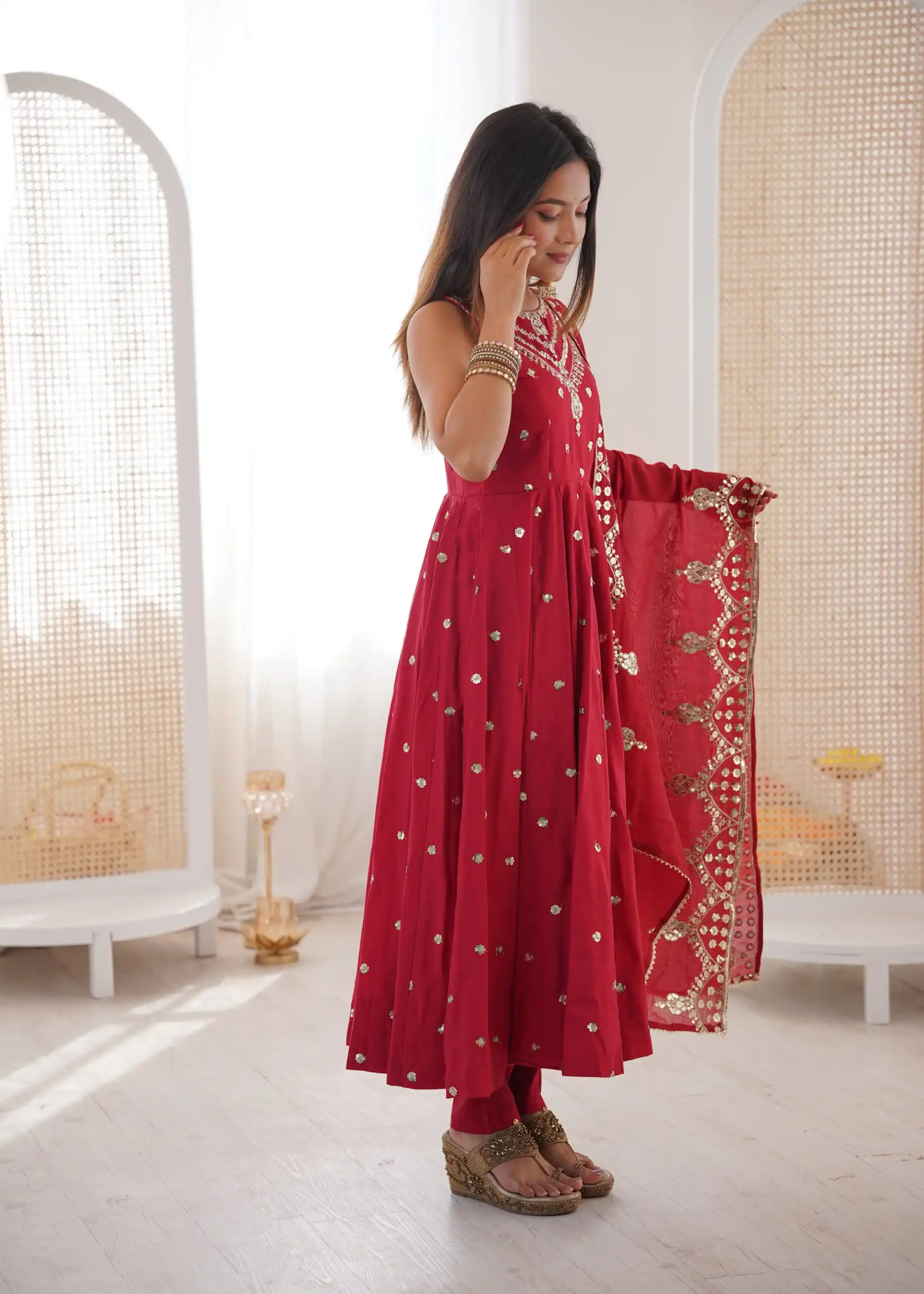 Elegant Red Roman Silk Embroidery Work Gown - Image 4