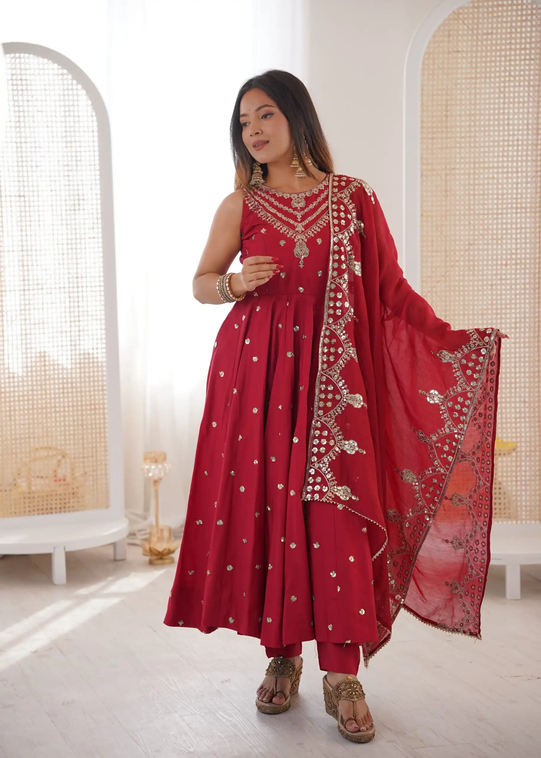Elegant Red Roman Silk Embroidery Work Gown - Image 8