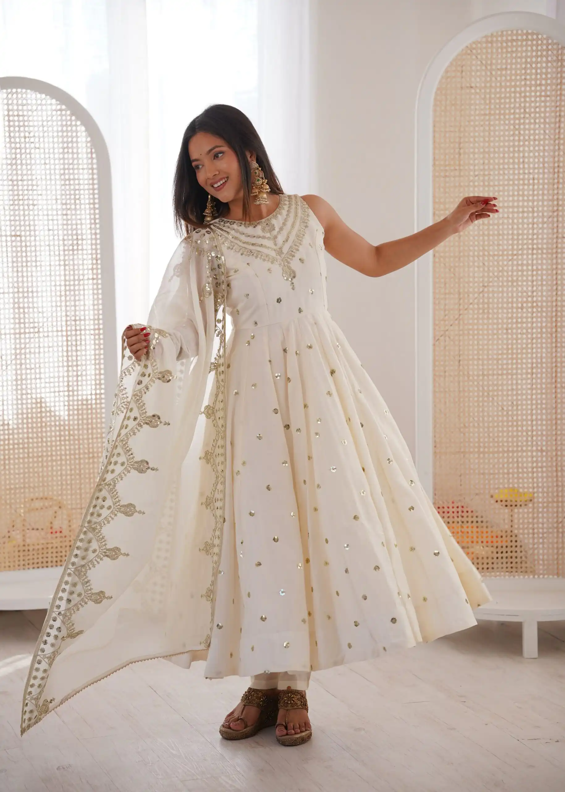 Elegant White Roman Silk Embroidery Work Gown - Image 2