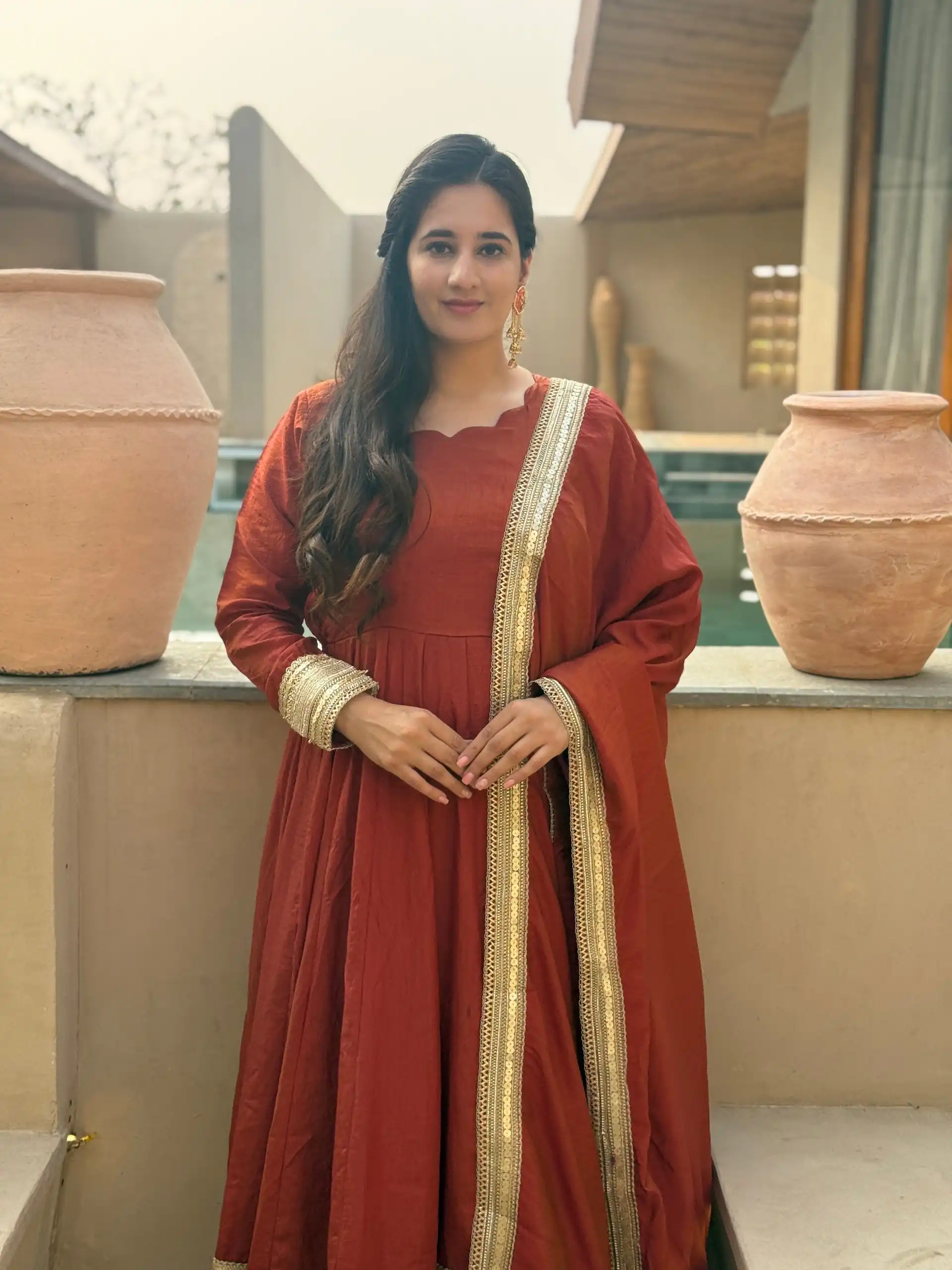 Fancy Rust NC Vichitra Embroidery Work Anarkali Suit - Image 9