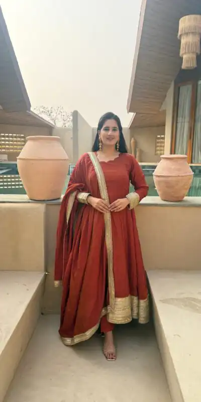 Fancy Rust NC Vichitra Embroidery Work Anarkali Suit